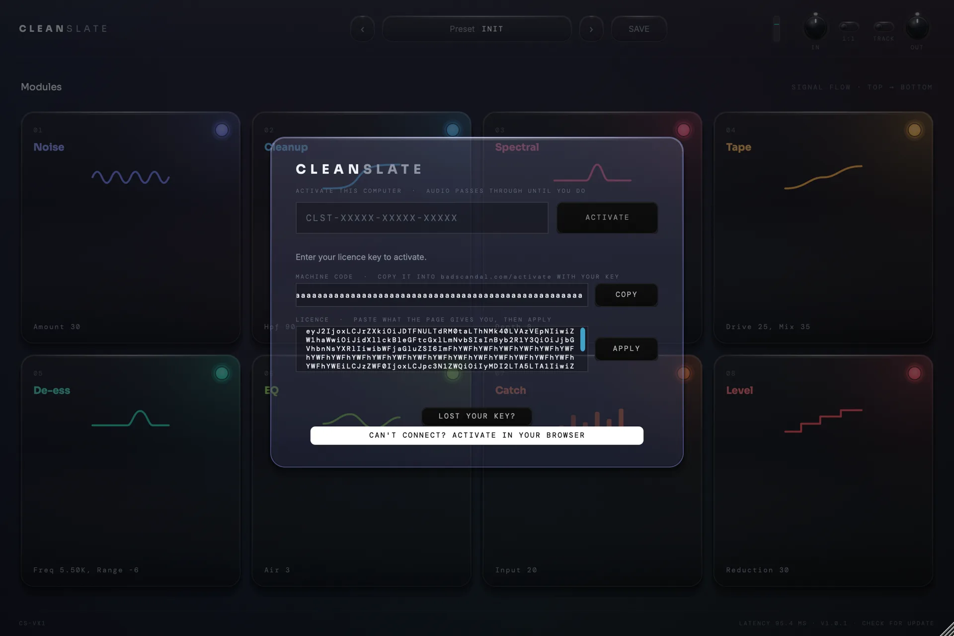CLEANSLATE activation panel with the browser route